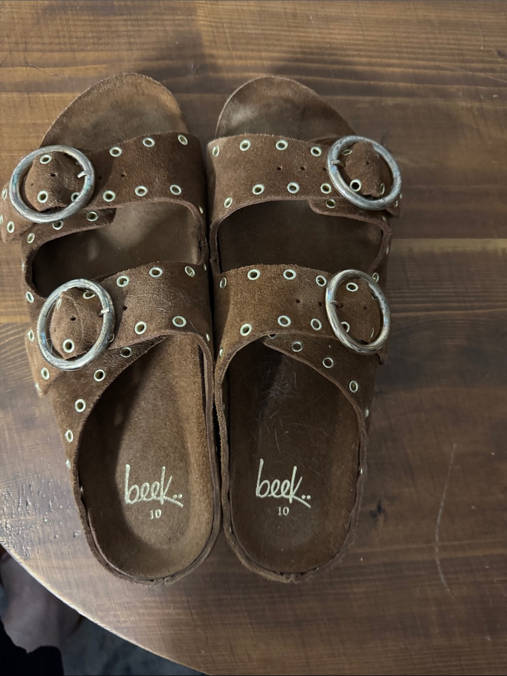 beek Brown Suede Double-Strap Slide Sandals with Metal Eyelets